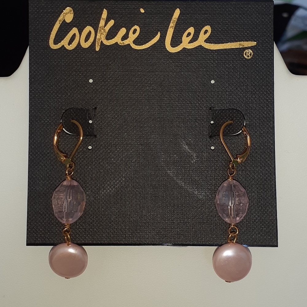 👜Cookie‎ Lee Dangle Drop Earrings Pink Crystal & Faux Pearl Lever Back